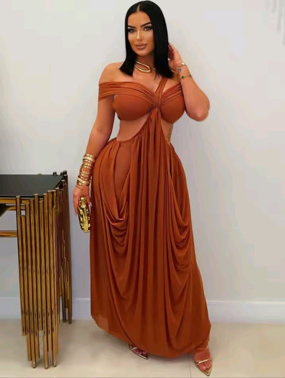 Women's Blue Long Cut Out Layered Party Dress
